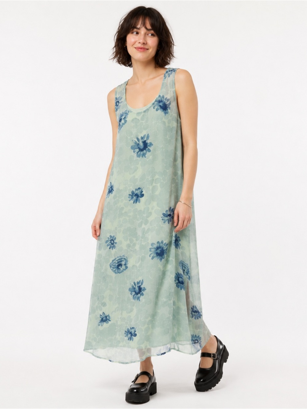 Vintage 90s She Floral Gauze Layered Maxi Dress Mint Green Small